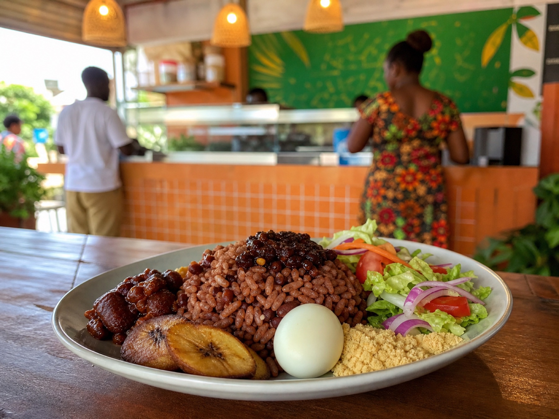 A complete Ghanaian waakye plate in a bright neighbourhood restaurant