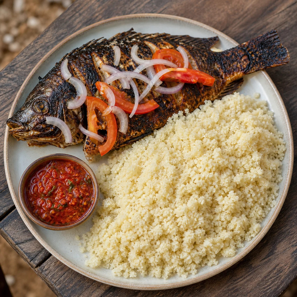 Attiéké with grilled fish from Côte d’Ivoire