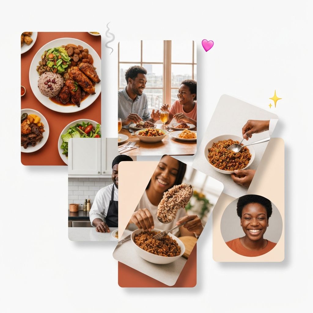 A collage of vibrant Black-owned food moments — plated dishes, families sharing meals, chefs at work