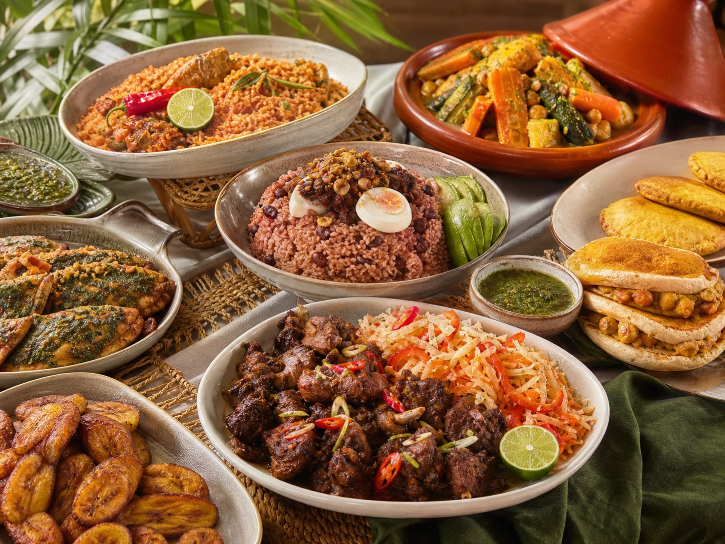 A generous African and Caribbean catering spread with rice dishes, tagine, patties, doubles, griot and plantain
