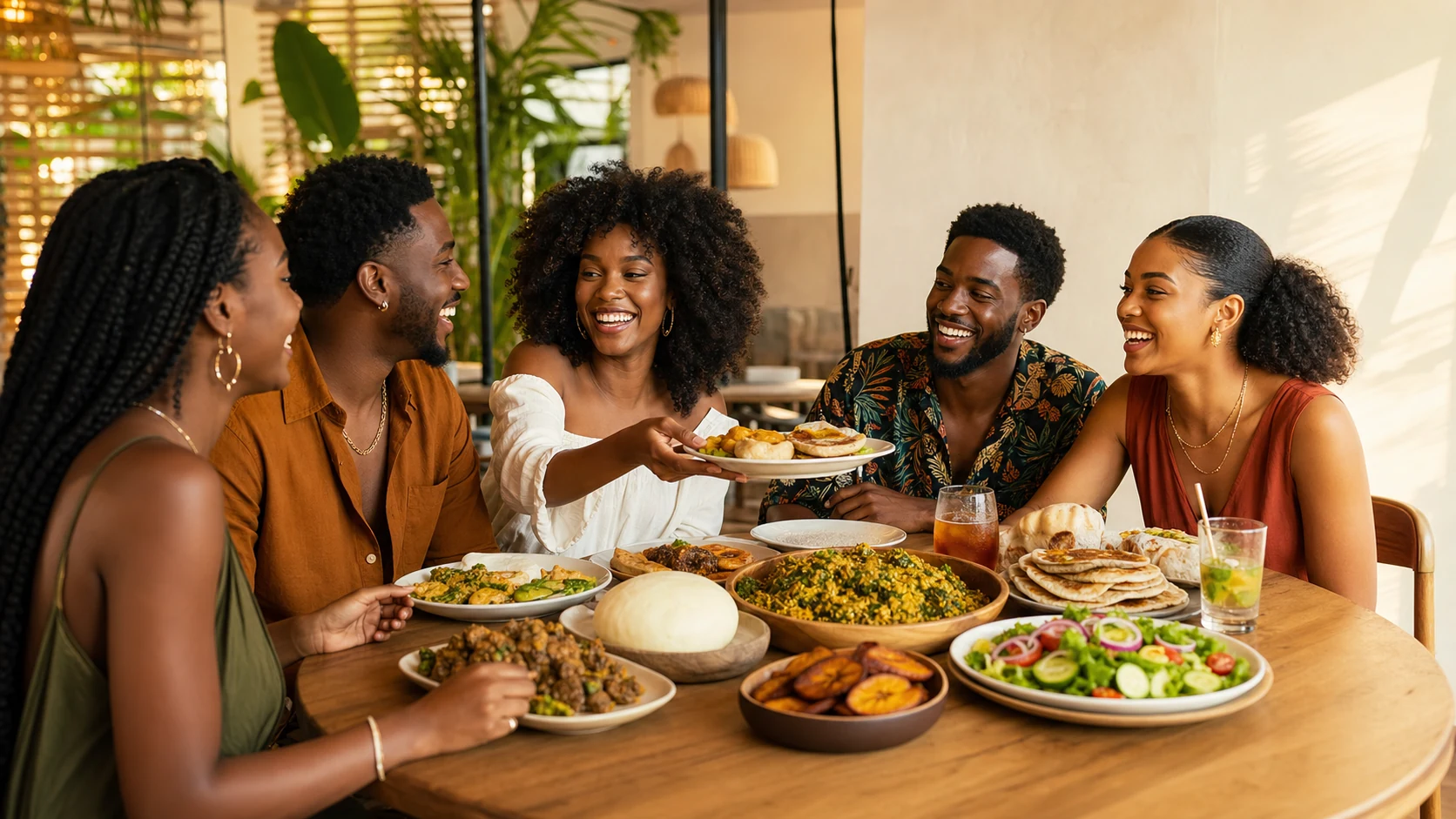 Friends sharing African and Caribbean dishes around a restaurant table